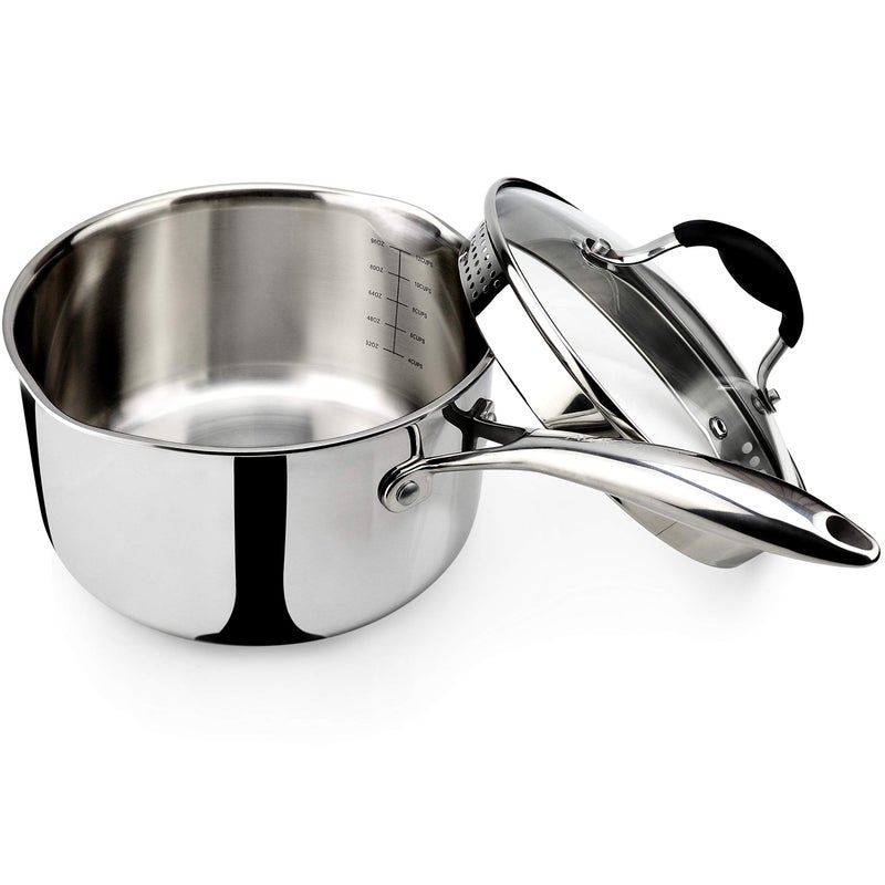AVACRAFT Tri-Ply Stainless Steel Saucepan with Glass Strainer Lid, Two Side Spouts, Multipurpose Sauce Pan with Lid, Sauce Pot, Cooking Pot (Tri-Ply Full Body, 3.5 Quart) - Image 1